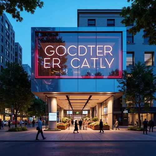 Futuristic high-tech grocery store facade, neon-lit LED signage, sleek metal cladding, angular glass windows, automatic sliding doors, modern minimalist entrance, vibrant color scheme, urban cityscape