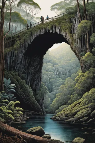 devil's bridge,rainbow bridge,dragon bridge,japan landscape,el arco,natural arch,bridge arch,karst landscape,robert duncanson,studio ghibli,cave on the water,three point arch,ravine,tied-arch bridge,hangman's bridge,narrows,paparoa national park,scenic bridge,river landscape,rock bridge,Illustration,Black and White,Black and White 09