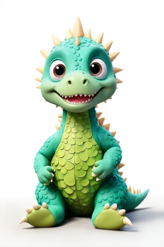 Cute dinosaur, green scaly skin, big round eyes, tiny arms, short legs, spiky tail, childlike facial expression, playful posture, sitting on floor, puffy clouds in background, soft warm lighting, 3/4 