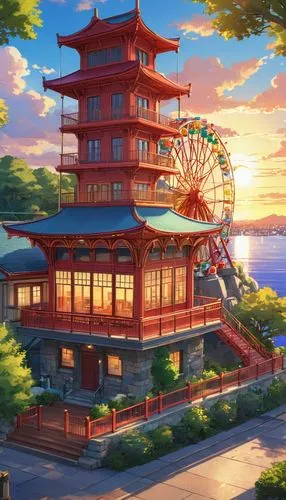 yamashiro,teahouse,amusement park,sakura background,seaside resort,japanese sakura background,golden pavilion,enoshima,torii,ferris wheel,japanese background,the golden pavilion,komeda,amusement ride,bandstand,imagawa,japan landscape,asiatique,kazoku,matsuri,Illustration,Japanese style,Japanese Style 03