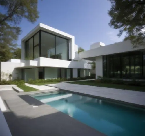 Diseño exterior de una casa moderna estilo minimalista combinando muros de color blanco con muros de tabique aparente, herrería de aluminio con cristal, fotografía hiperrealista, fotografía arquitectó