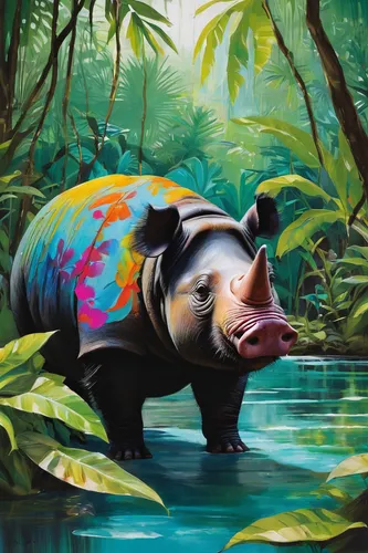 Imagine Pumbaa discovering a hidden oasis in the jungle, leading to a peaceful moment of tranquility.,hippopotamus,rhinoceros,sumatran rhinoceros,black rhinoceros,tapir,hippo,indian rhinoceros,rhino,w