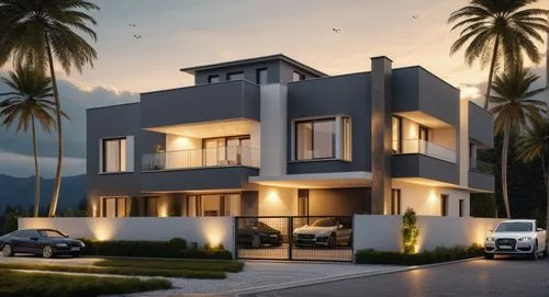 a house with an automobile in front of it, in the style of solarizing master, dark gray and light beige, atmospheric ambience, tenwave,modern house,3d rendering,fresnaye,beautiful home,residential hou