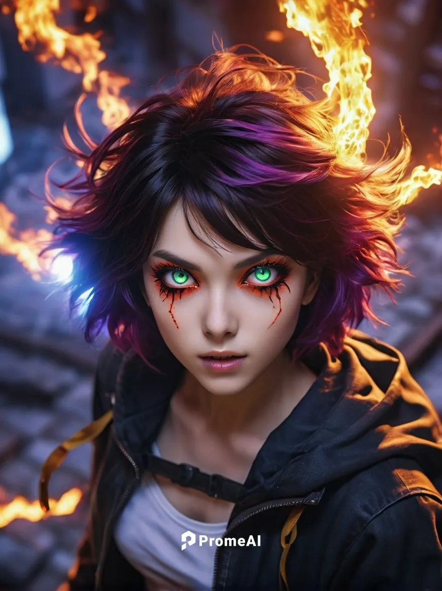 beautiful young woman with variously colored and multi-colored warm, joyful eyes with unusual pupils, black inversed bob hair, ultra detailed, cinematic light,fire eyes,burning hair,fire background,fi