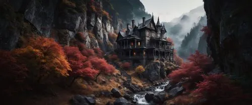 пусто,a house built into the side of a mountain next to a river,castle of the corvin,gondolin,fairy tale castle,fantasy landscape,nargothrond,rivendell