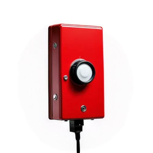 Fire alarm sound, loud siren, red light flashing, metallic box shape, white background, close-up shot, high contrast, dramatic lighting, shallow depth of field, dynamic composition.,a red light on a b