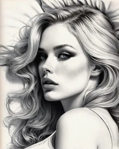 Pencil sketch of an extremely beautiful blonde Woman, very long hair, perfect face, high cheek bones, pouting lips, smoky eyeshadow, freckles, perfect blue eyes, buxom, glamorous, gorgeous, delicate, 