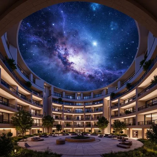 Cosmic planetarium, social housing community, futuristic architecture, glowing starry night sky, vibrant nebulae colors, spiral galaxy patterns, communal living spaces, shared amenities, rooftop obser