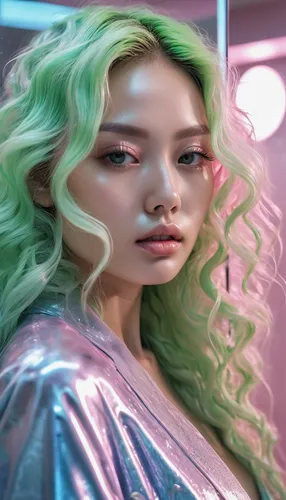 solar,cube background,hong,futuristic,ethereal,pink green,guava,korean,jade,wasabi,joy,wig,luminous,doll's facial features,green skin,winner joy,bubble gum,barbie doll,disco,bts,Photography,Artistic Photography,Artistic Photography 03