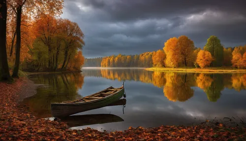 autumn idyll,autumn landscape,autumn scenery,boat landscape,autumn background,fall landscape,row boat,autumn day,autumn morning,tranquility,one autumn afternoon,beautiful lake,the autumn,colors of autumn,autumn forest,canoes,canoeing,calm waters,rowing-boat,autumn mood,Art,Classical Oil Painting,Classical Oil Painting 18