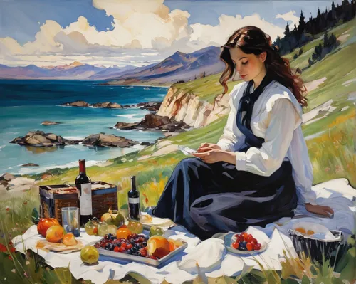 girl with bread-and-butter,picnic,woman at cafe,woman holding pie,woman with ice-cream,italian painter,woman eating apple,girl in the kitchen,picnic basket,woman drinking coffee,girl picking apples,oil painting,breton,crimea,painting technique,meticulous painting,girl with cereal bowl,coastal landscape,oil painting on canvas,painting,Conceptual Art,Oil color,Oil Color 08