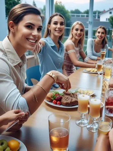 Cheerful get-together of young people.,a group of women sitting at a table with drinks and food,restaurants online,female alcoholism,virtuelles treffen,long table,restaurantes,women at cafe,Photograph