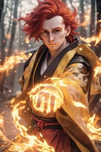 an avatar of a young man holding fireballs,maedhros,flame spirit,senju,hiromasa,yukimura,mitsunari