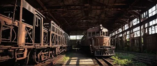 abandoned rusted locomotive,locomotive shed,freight depot,locomotive roundhouse,railyards,brickworks,hudson yard,train depot,ghost locomotive,abandoned train station,industrial ruin,industrial hall,railcars,railyard,brickyards,old train,railcar,railroad,industrial landscape,railworks,Unique,Paper Cuts,Paper Cuts 03