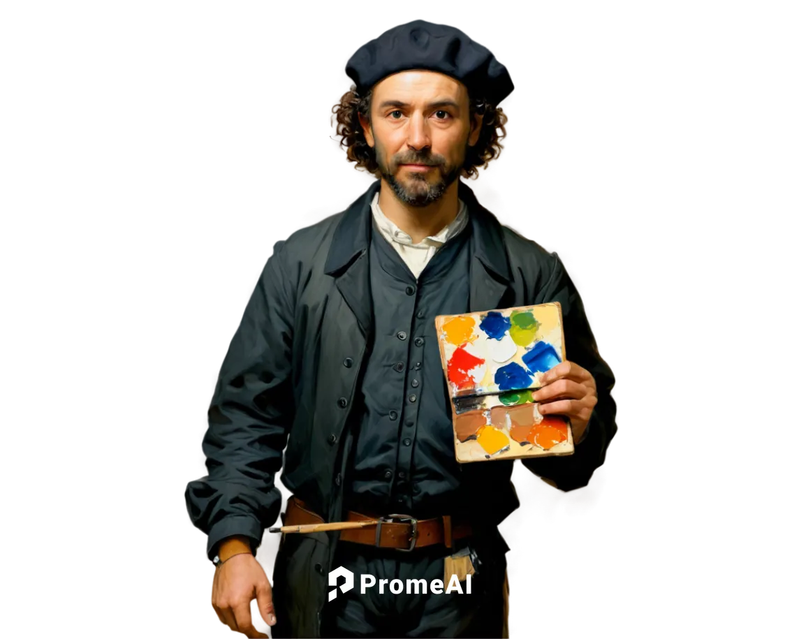 Rembrandt, male, artist, solo, (40yo), curly brown hair, thick beard, mustache, worn clothing, beret, holding palette, painting, standing, warm lighting, Dutch Masters style, realistic texture, subtle