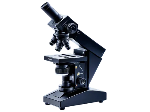 Microscope, scientific equipment, laboratory setting, metal body, lenses, knobs, stage clips, LED light source, high-contrast image, shallow depth of field, detailed textures, realistic reflection, 45