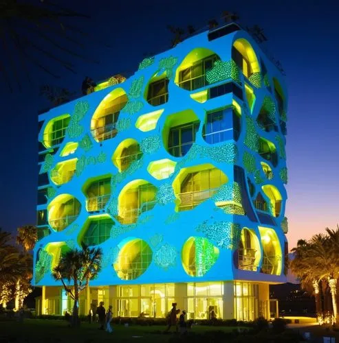 the building has bright lights on the side,jumeirah beach hotel,largest hotel in dubai,hotel w barcelona,golf hotel,hotel riviera,casa fuster hotel,Photography,Artistic Photography,Artistic Photograph