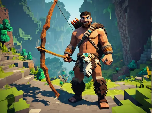 man, protagonist, Takkar, stealth pose, holding bow and arrow, fur clothing, tribal tattoos, face paint, intense eyes, muscular build, action scene, prehistoric forest, lush greenery, hunting mammoth,