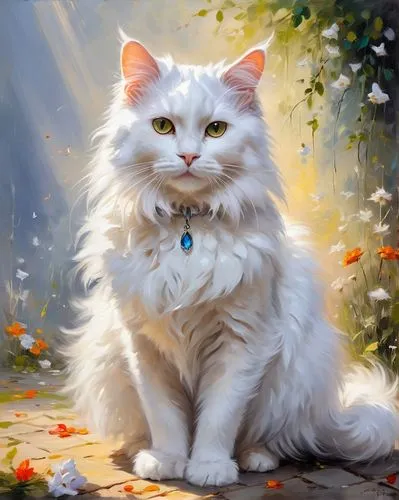 a colorful oil painting with palette knife of a black anggora cat and white angora cat, in the style of marcin sobas, 32k uhd, animals and people, oil painter, intense light and shadow, ferrania p30,a