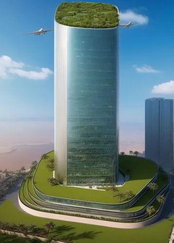 in the heart of egypt, a towering media tower stands tall - its tower reaches towards the sky, its sleek design reminiscent of the "fiving world is layers of past". Its green roofs are adorned with in