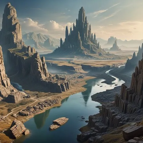 an artist's concept shows a fantasy landscape with water, rocks and a giant mountain,tirith,fantasy landscape,gondolin,futuristic landscape,erebor,beleriand