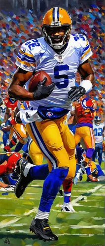 Write a thrilling NFL on Fox game with unexpected twists and turns.,running back,gridiron football,football player,ball carrier,jordan fields,sprint football,kick return,oil on canvas,american footbal