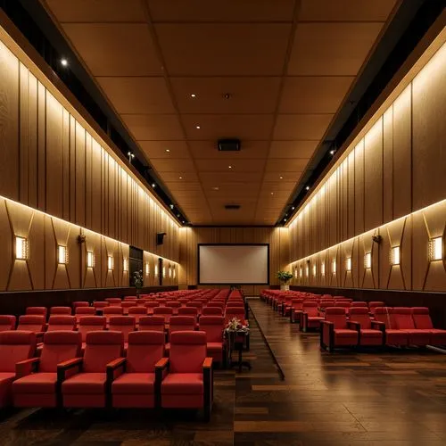 Streamlined modern cinema interior, sleek minimalist design, low-key ambient lighting, subtle color temperatures, warm beige tones, metallic accents, polished wood floors, plush red velvet seats, orna