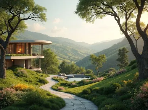 home landscape,house in mountains,house in the mountains,forest house,dreamhouse,beautiful home,house in the forest,landscaped,roof landscape,teahouse,landscape background,hillside,green landscape,green valley,futuristic landscape,fantasy landscape,landscaping,greenforest,grass roof,streamwood,Photography,General,Realistic