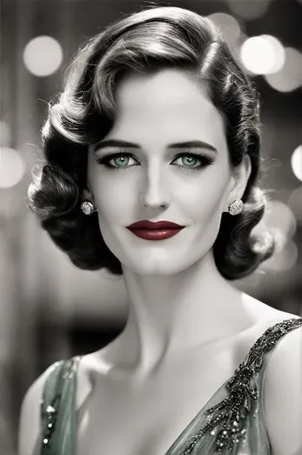 Make this exact photo black and white like a 1940s Hollywood glamour photograph, except for her lips and eyes.  Keep her lips bright red, and make her eyes emerald green like her dress.,teresa wright,