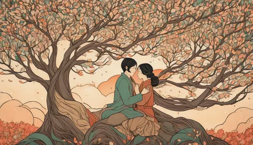 mulan,girl with tree,persimmon tree,orange tree,tangerine tree,apricots,throwing leaves,vintage couple silhouette,rosa ' amber cover,the branches of the tree,the japanese tree,sakura tree,flourishing tree,the autumn,autumn tree,flower and bird illustration,art nouveau,autumn idyll,autumn theme,peach tree,Illustration,Japanese style,Japanese Style 15