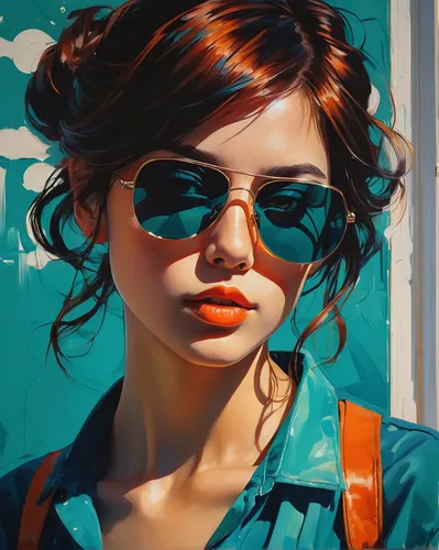 girl portrait,painting technique,portrait of a girl,oil painting on canvas,sunglasses,color turquoise,oil painting,meticulous painting,blue painting,painter,retro girl,italian painter,illustrator,photo painting,artist portrait,girl drawing,mystical portrait of a girl,young woman,girl with bread-and-butter,face portrait,Conceptual Art,Fantasy,Fantasy 15