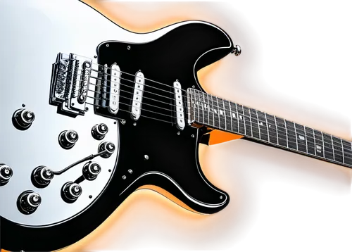 Electric guitar, shiny metal body, intricate design, silver tuning pegs, black pickguard, white pickup, thin neck, fretboard inlays, metal strings, playing hand close-up, fingers pressing strings, roc