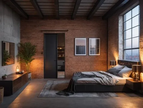 a bedroom with a large brick wall and windows,loft,lofts,modern room,sleeping room,bedroom,modern decor,Photography,General,Realistic