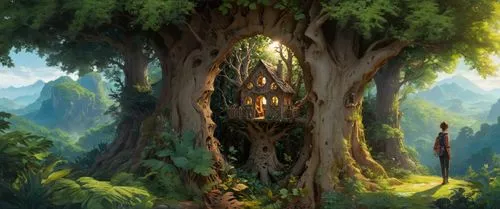 a house in a tree surrounded by forest,mirkwood,yggdrasil,elven forest,fangorn,rivendell,arrietty,celtic tree,fablehaven,kashyyyk,treebeard,fairy forest,ent,magic tree,radagast,nargothrond,enchanted f