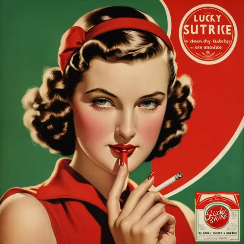 1936:  A color advertisement for Lucky Strike cigarettes showing a young woman dressed in red, smoking a cigarette held in her right hand. Photo: Nickolas Muray, Getty Images / Hulton Archive,valentin