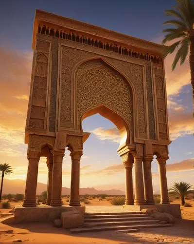 arabic background,mihrab,triumphal arch,maghreb,ramesseum,benmerzouga,egypt,merzouga,medine,marrakesh,agrabah,islamic architectural,egyptian temple,ouarzazate,egyptienne,morocco,arabiyah,qasr al watan,qasr,sahara desert,Illustration,Realistic Fantasy,Realistic Fantasy 04