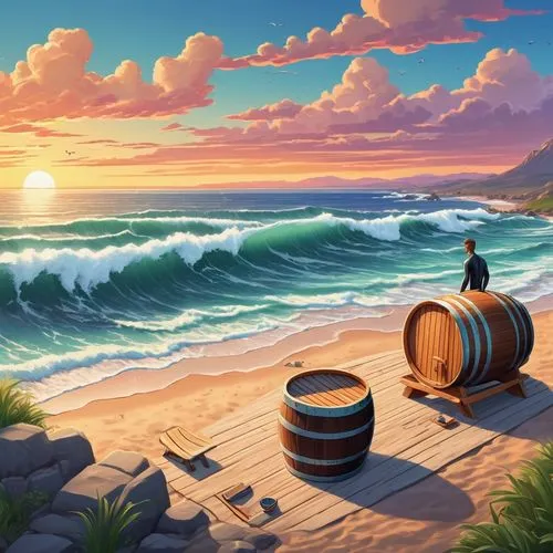 barrels,wine barrels,wine barrel,cartoon video game background,barrel,barrelling,wooden barrel,shipwrecked,south seas,background design,barrelhouse,landscape background,ocean background,game illustration,rum,beach scenery,beach landscape,world digital painting,seaside country,coast sunset,Unique,3D,Isometric