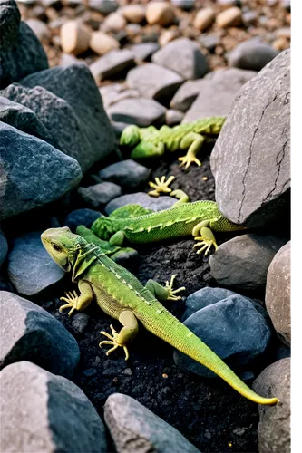 Lizard feces, brownish-green color, irregular shape, rough texture, scattered on rocky ground, close-up shot, shallow depth of field, high contrast lighting, detailed scales on nearby rocks, warm tone