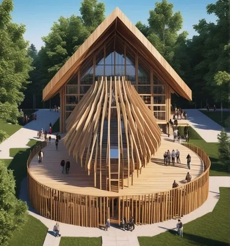 a pavilion with wood as the main material with people around,wooden church,eco-construction,forest chapel,wooden construction,timber house,wooden sauna,ski facility,eco hotel,wood doghouse,wigwam,scho