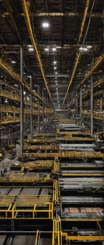 "Image from ""Manufacturing"" series - Edward Burtynsky",pallets,warehouse,euro pallets,warehouseman,steel mill,steel beams,industrial tubes,conveyor,industrial hall,floating production storage and of