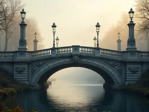 Majestic bridge, classical architecture style, ornate stone balustrades, grand arches, symmetrical composition, rusticated piers, carved stonework, elegant lamp posts, refined metal railings, suspende