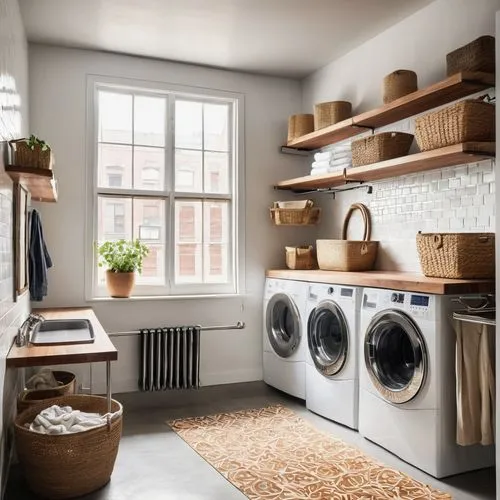 Modern laundry room, bright white walls, large window with natural light, minimalist wooden shelves, stainless steel washing machine, dryer, ironing board, hanging rack for drying clothes, woven baske