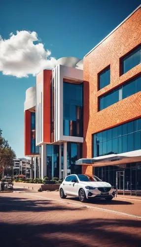 Modern architectural design, Polokwane city, South Africa, sunny day, blue sky with few white clouds, 3/4 composition, low-angle shot, detailed building facade, geometric shapes, sleek lines, glass an