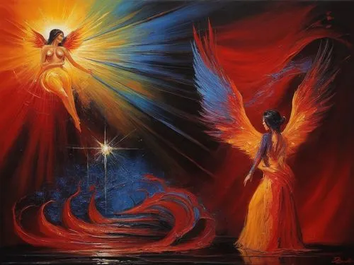 the annunciation,annunciation,angel and devil,archangels,angels,dancers,oil painting on canvas,vivants,fantasy art,pentecostalist,fire angel,sylphs,pasodoble,passion butterfly,energies,renacimiento,contradanza,pentecost,varekai,angel lanterns,Illustration,Realistic Fantasy,Realistic Fantasy 32