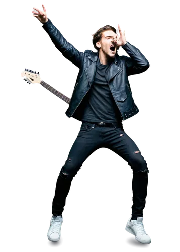 Rock concert, male singer, spotlight, microphone, guitar, black leather jacket, ripped jeans, sneakers, energetic performance, jumping, stage lights, smoke effects, dynamic composition, low-angle shot