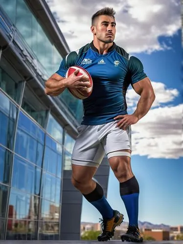 Rugged muscular man, rugby player, dynamic pose, intense facial expression, short spiky hair, athletic wear, sports jersey, football pants, cleats, holding rugby ball, standing in front of modern arch