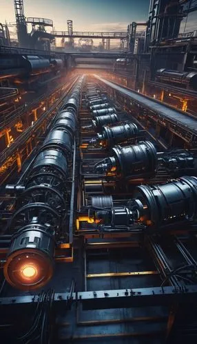 industrial setting, conveyor belt system, metallic texture, mechanical parts, gears, chains, electric motors, lights, shadows, dynamic movement, circular motion, futuristic ambiance, sci-fi atmosphere