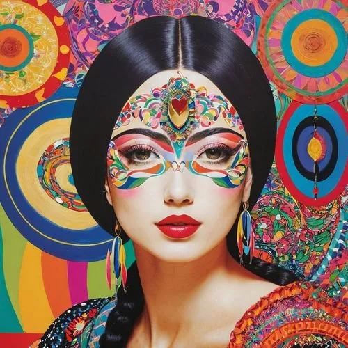 masquerade,bohemian art,viveros,mexican painter,oriental girl,asian woman,venetian mask,geisha girl,boho art,tretchikoff,chicana,pop art woman,mascarade,pop art girl,cool pop art,chicanas,oiran,mexicana,asian vision,psychedelic,Illustration,Abstract Fantasy,Abstract Fantasy 08