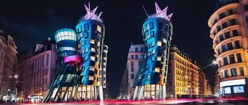 Dancing House, futuristic, abstract, dynamic architecture, irregular shape, glowing neon lights, metallic materials, reflective surfaces, sleek lines, sharp angles, vibrant colors, urban cityscape, ni