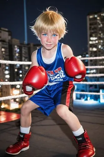 Little Mac, boxer, childlike, 10yo, blonde hair, blue eyes, small nose, freckles, smiling, white tank top, red boxing shorts, black boxing boots, red and white boxing gloves, punching, boxing ring, ur